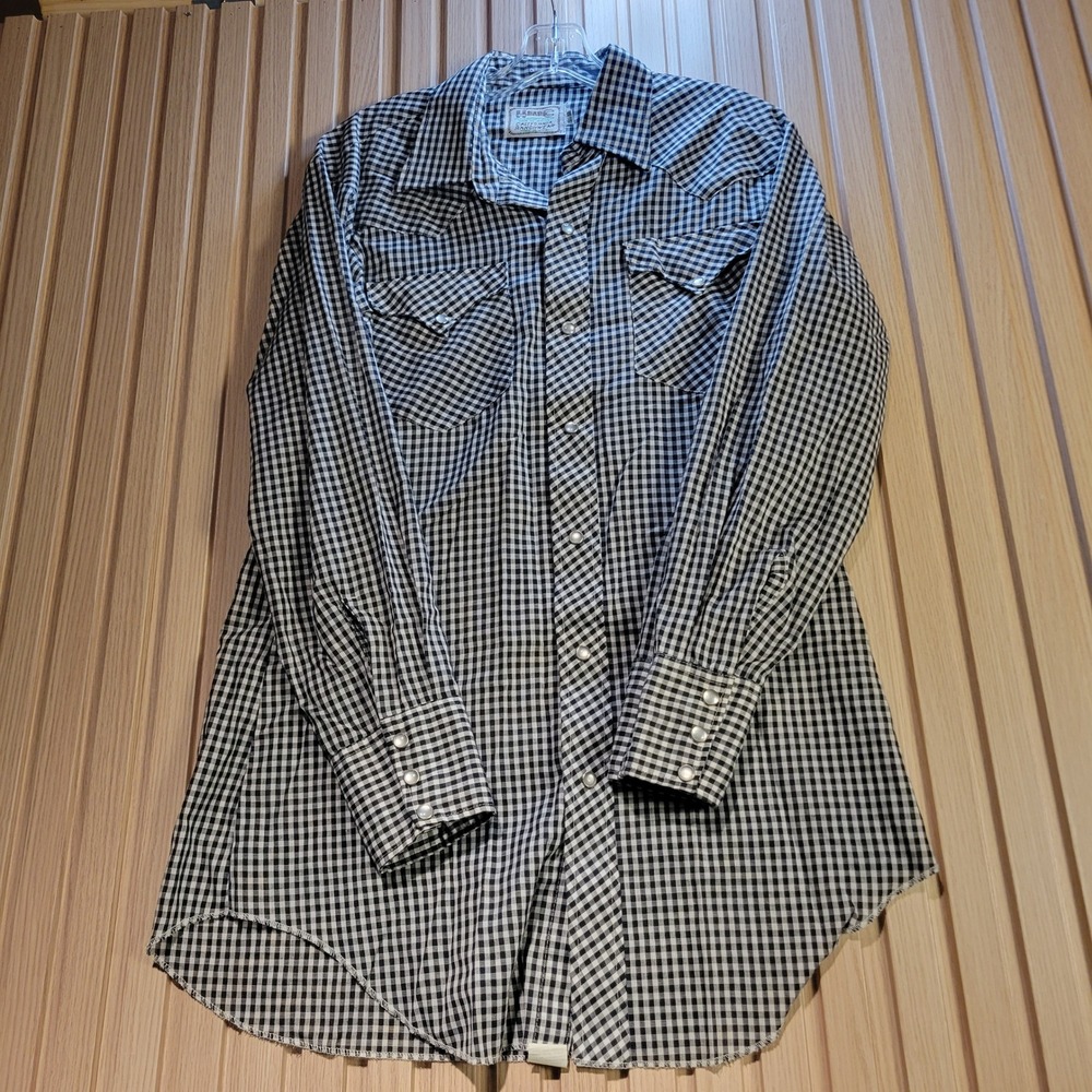 Vintage H Bar C CA Ranchwear Wester Shirt Gingham Pearl Snap Black White 15 1/2